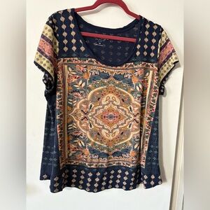 Lucky Brand Plus Size Navy and Multicolor Short Sleeve Top Size 1X